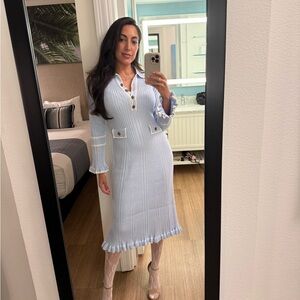 Light Blue Ribbed Knit Midi Dress with Button Details